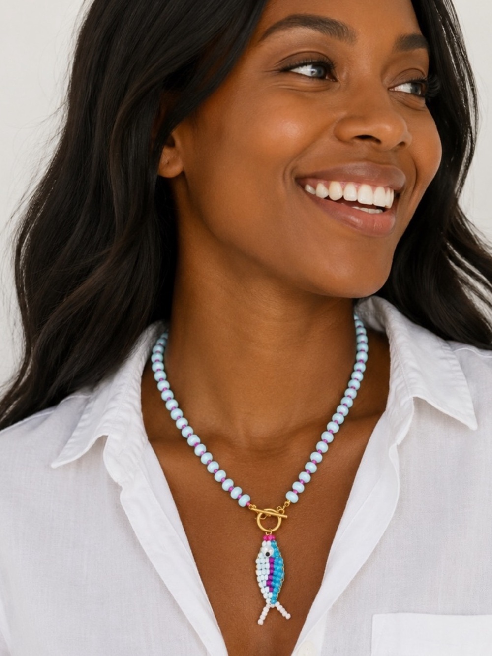New! Coastal Preppy Blue Beaded Fish Gold Toggle Necklace NWOT 2015